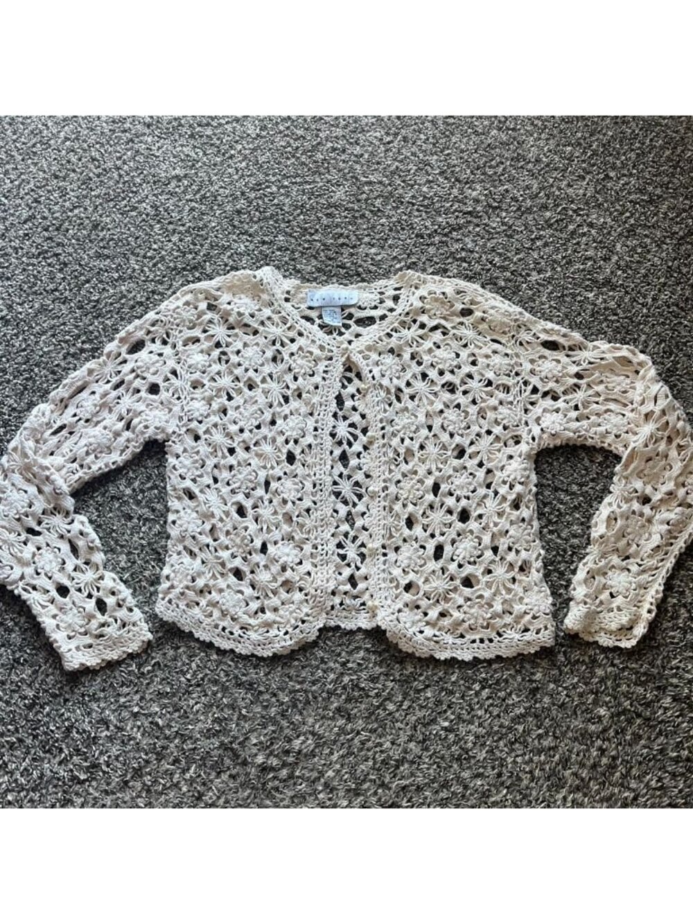 Vintage New York Style Cream Crochet Medium Cardigan Pearls Flowery Boho Girly
